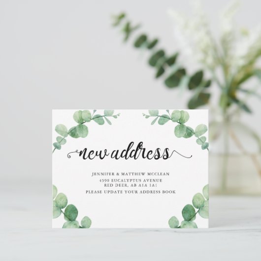 Nieuw adres Eucalyptus Leaf Botanische Calligrafie Briefkaart (Staand voorkant)