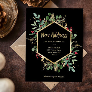 Nieuw adres Kerstmis Gulded Greenery Black Briefkaart