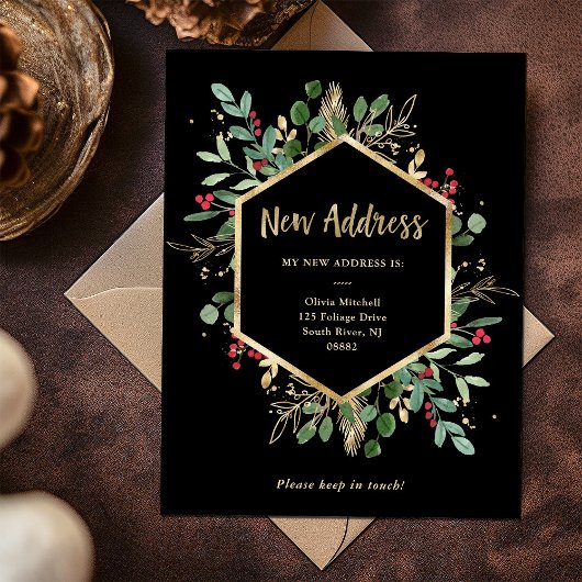 Nieuw adres | Kerstmis Gulded Greenery Black Briefkaart