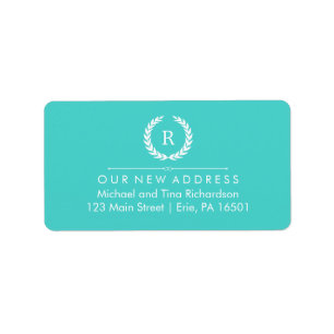 Nieuw adres op Turquoise en White Monogram Wreate Etiket