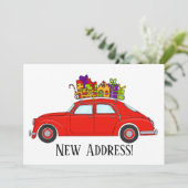 Nieuw adres Rode auto met kerstcadeaus Kaart (Staand voorkant)