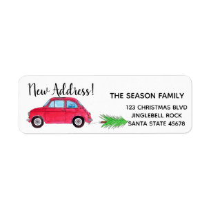 Nieuw adres Rode Fiat 500 Kerstboom Label
