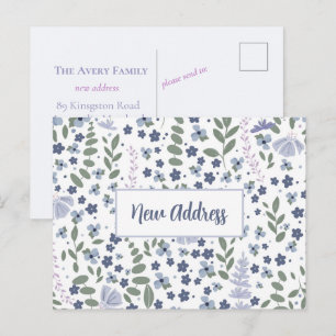 Nieuw Adres Waterverf Bloemmotief Blauw en Lavende Briefkaart