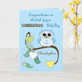 Nieuw Baby Boy blauw met een schattige uil Kaart (Gele Bloem)