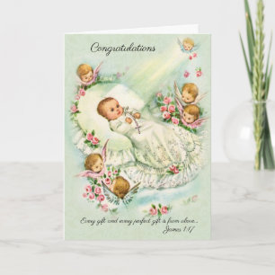 Nieuw Baby Meisje met Engelen, Kruis, Roze Rozen Kaart