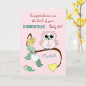 Nieuw Baby Meisje Roze met een schattige uil Kaart (Gele Bloem)