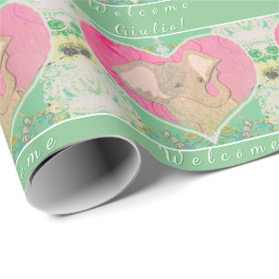 Nieuw Baby Olifant Groen Roze Inpakpapier