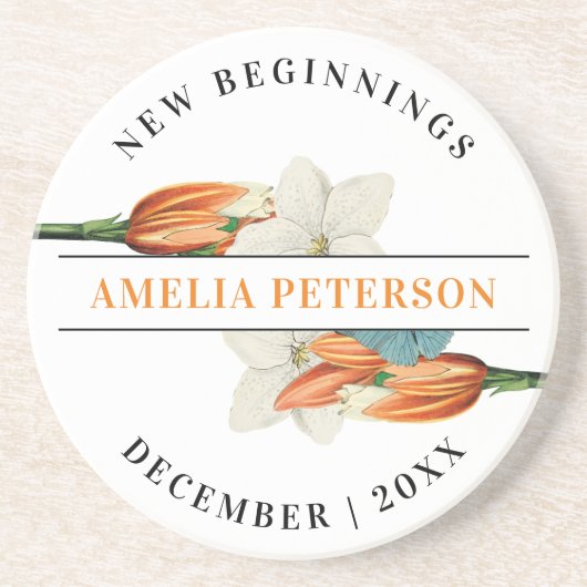 Nieuw Beginnings Retro Witte Lelie Bloemen Pensioe Zandsteen Onderzetter (Voorkant)