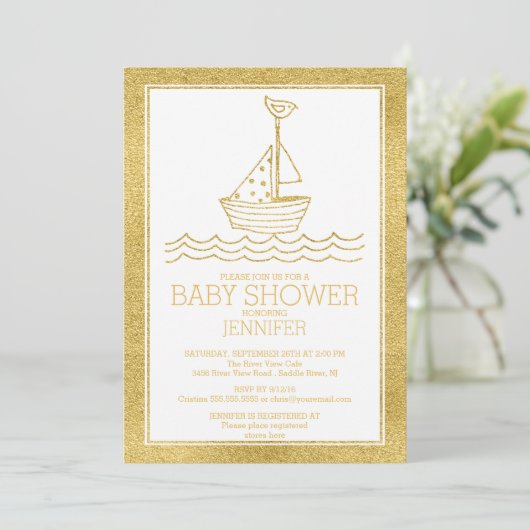 Nieuw Gold Nautical Sailboat Neutral Baby shower Kaart (Staand voorkant)