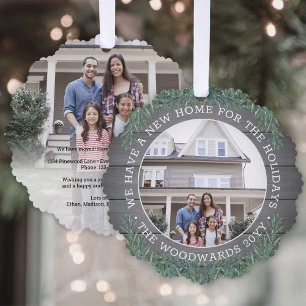 Nieuw Home Adres Greenery & Wood 2 Foto Kerstmis Ornament Kaart