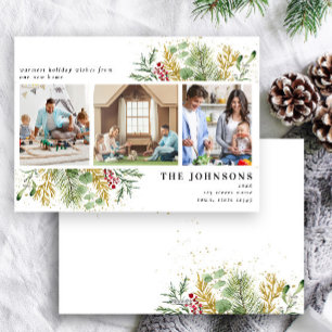 Nieuw Home Goud Winter Botanisch groen 3 Foto Feestdagenkaart