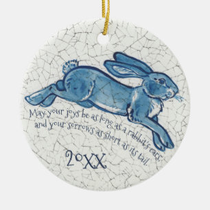 Nieuw jaar Blauw konijn Bunny Delft Dedham Keramisch Ornament