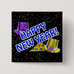 NIEUW JAAR! Blauwe tekst met Petten van partijen Vierkante Button 5,1 Cm