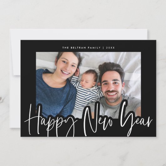 Nieuw jaar foto van modern zwart-wit script feestdagenkaart (Voorkant)