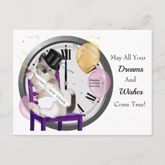 Nieuw Jaar Kitten Klok Briefkaart (Voorkant)