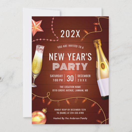 Nieuw jaar van Champagne String Lights Kaart (Voorkant)