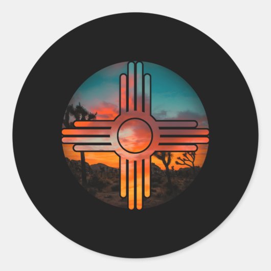 Nieuw Mexico Zia symbool en landschap Ronde Sticker (Voorkant)