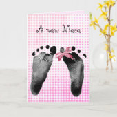 Nieuw nichtje Voetafdrukken op Pink Gingham Kaart (Gele Bloem)