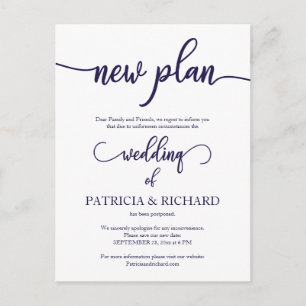 Nieuw plan Uitgestelde bruiloft Navy Blue Script Briefkaart