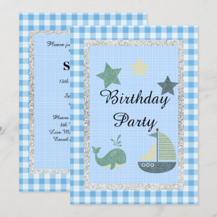Nieuw thema Blauw White Check Birthday Party Kaart