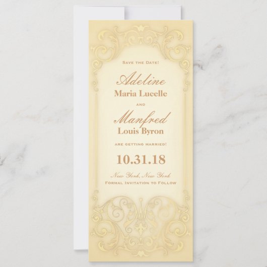 Nieuw-Victoriaans: Bleek Goud Fancy Save the Date (Voorkant)