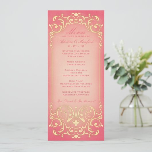 Nieuw Victoriaans: Raspberry & Gold Wedding Menu (Staand voorkant)