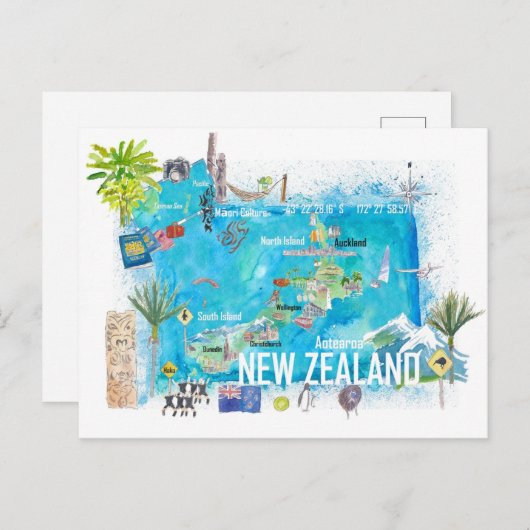 Nieuw-Zeeland geïllustreerde reisgids Briefkaart (Voorkant / Achterkant)