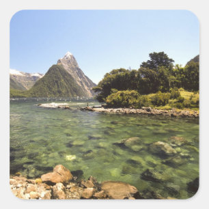 Nieuw-Zeeland, Mitre Peak, & Bowenrivier mondt uit Vierkante Sticker