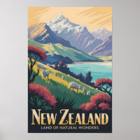 Nieuw-Zeeland Schapen Illustratie Reis Kunst Vinta