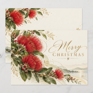 Nieuw-Zeelandse Kerst Pōhutukawa Bloemen Feestdagenkaart