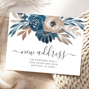 Nieuwe adres bloemig blauw bruin verhuisbericht briefkaart