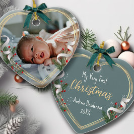 Nieuwe Baby 1st-mas Holly & Pine Gold Lijst Foto Keramisch Ornament