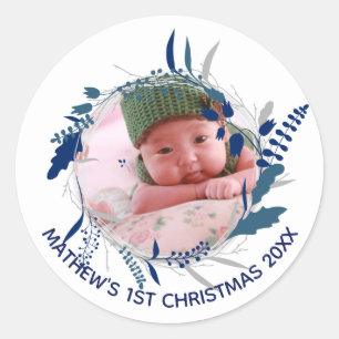 NIEUWE Baby Aankondiging 1e Kerstmis FOTO Festijn Ronde Sticker
