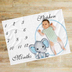 Nieuwe Baby Baby Milestone Blue Elephant Pink Foto Fleece Deken
