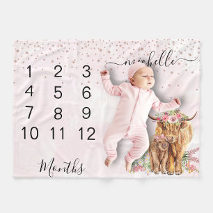Nieuwe Baby Baby Milestone Highland Koe Roze Fleece Deken