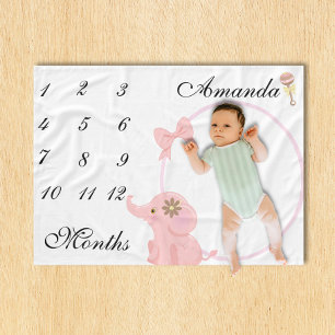 Nieuwe Baby Baby Milestone Roze olifant Roze foto Fleece Deken
