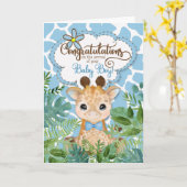 Nieuwe Baby Boy Blue Giraffe Oerwoud Gefeliciteerd Kaart (Gele Bloem)