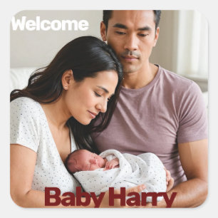 Nieuwe Baby Boy Meisje Geboorte Aankondiging Foto  Vierkante Sticker