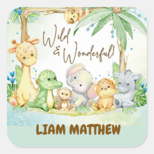 Nieuwe Baby Boy Safari Dieren Wild en Wonderful Vierkante Sticker