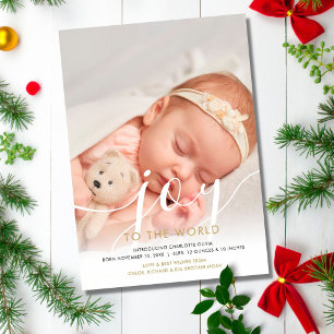 Nieuwe baby foto Vreugde voor de wereld Geboorte Feestdagenkaart