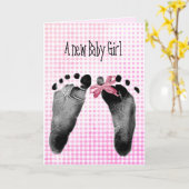 Nieuwe Baby Girl Voetafdrukken op Gingham Kaart (Gele Bloem)
