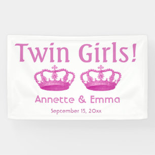 Nieuwe Baby kondiging Twee GIRLS Roze Kroonkronen Spandoek