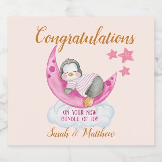 Nieuwe Baby Meisje Gefeliciteerd Slapen Pinguïn Sparkling Wijnetiket (Enkel label)