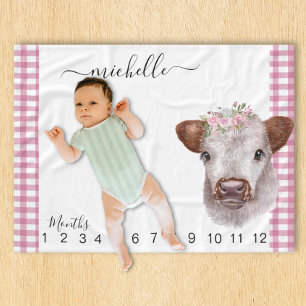 Nieuwe baby mijlpaal Highland koe Roze Fleece Deken