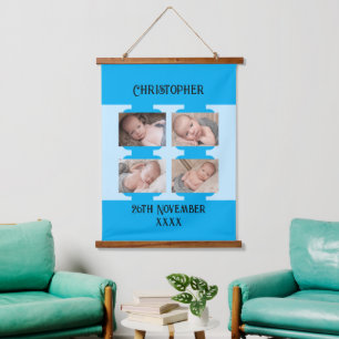 Nieuwe baby naam 4 foto's datum geboorteblauw hangend wandkleed