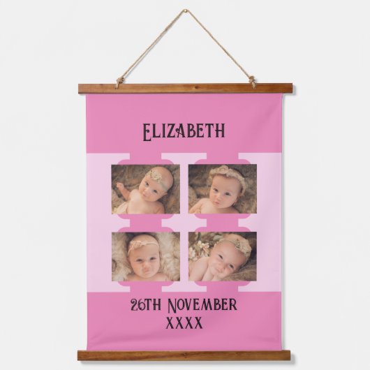 Nieuwe baby naam 4 foto's datum geboorteroze hangend wandkleed (Voorkant)