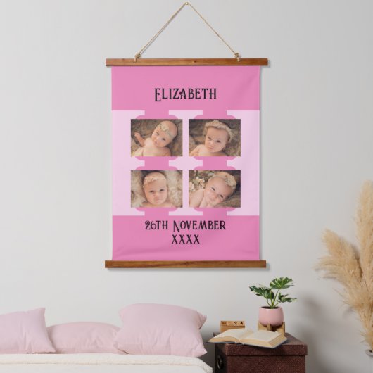 Nieuwe baby naam 4 foto's datum geboorteroze hangend wandkleed (Slaapkamer)