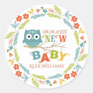 Nieuwe Baby & Uil Kleurrijke Floral Krans Kinder o Ronde Sticker