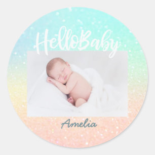 Nieuwe babyfoto Modern regenbooglitter Ronde Sticker