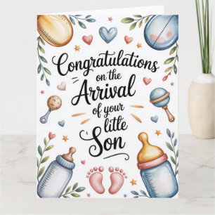 Nieuwe babyjongen gefeliciteerd waterverf kaart